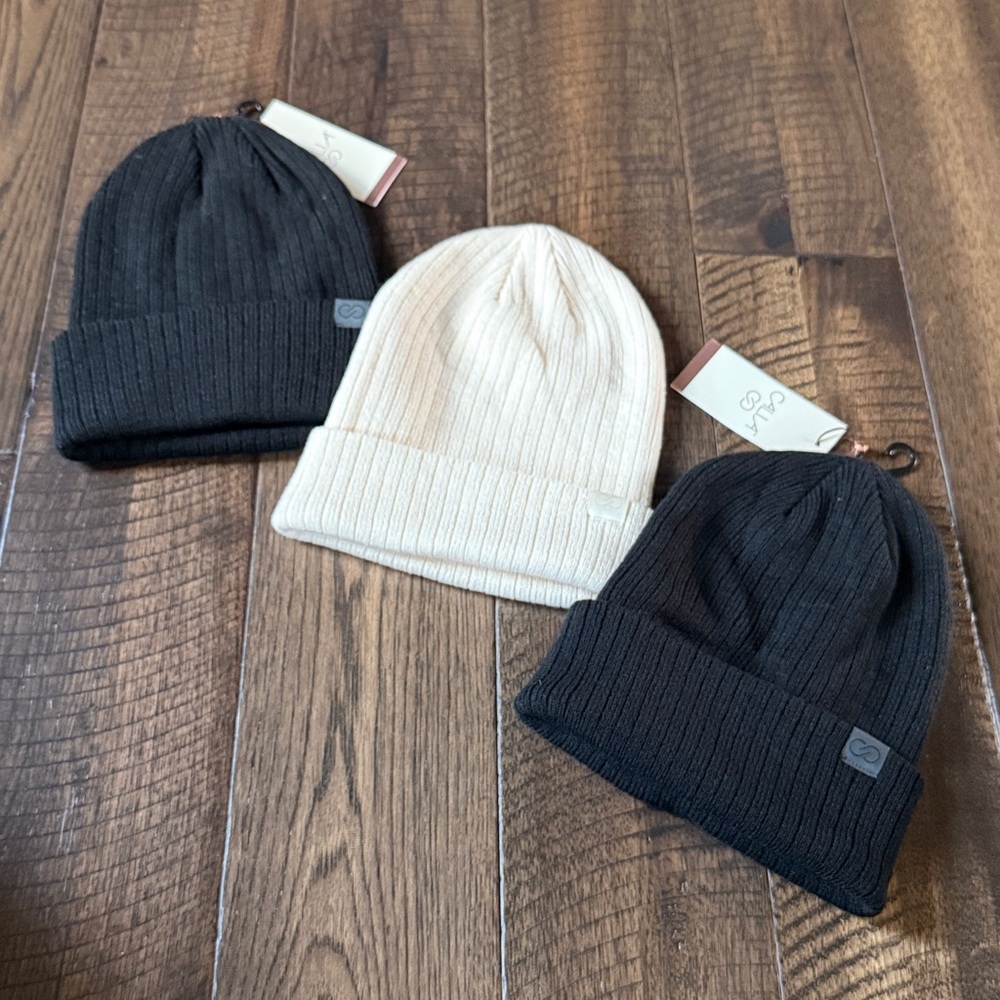 NWT bundle 3 CALIA Women's Ribbed Beanie winter hat - 2 black and 1 cream